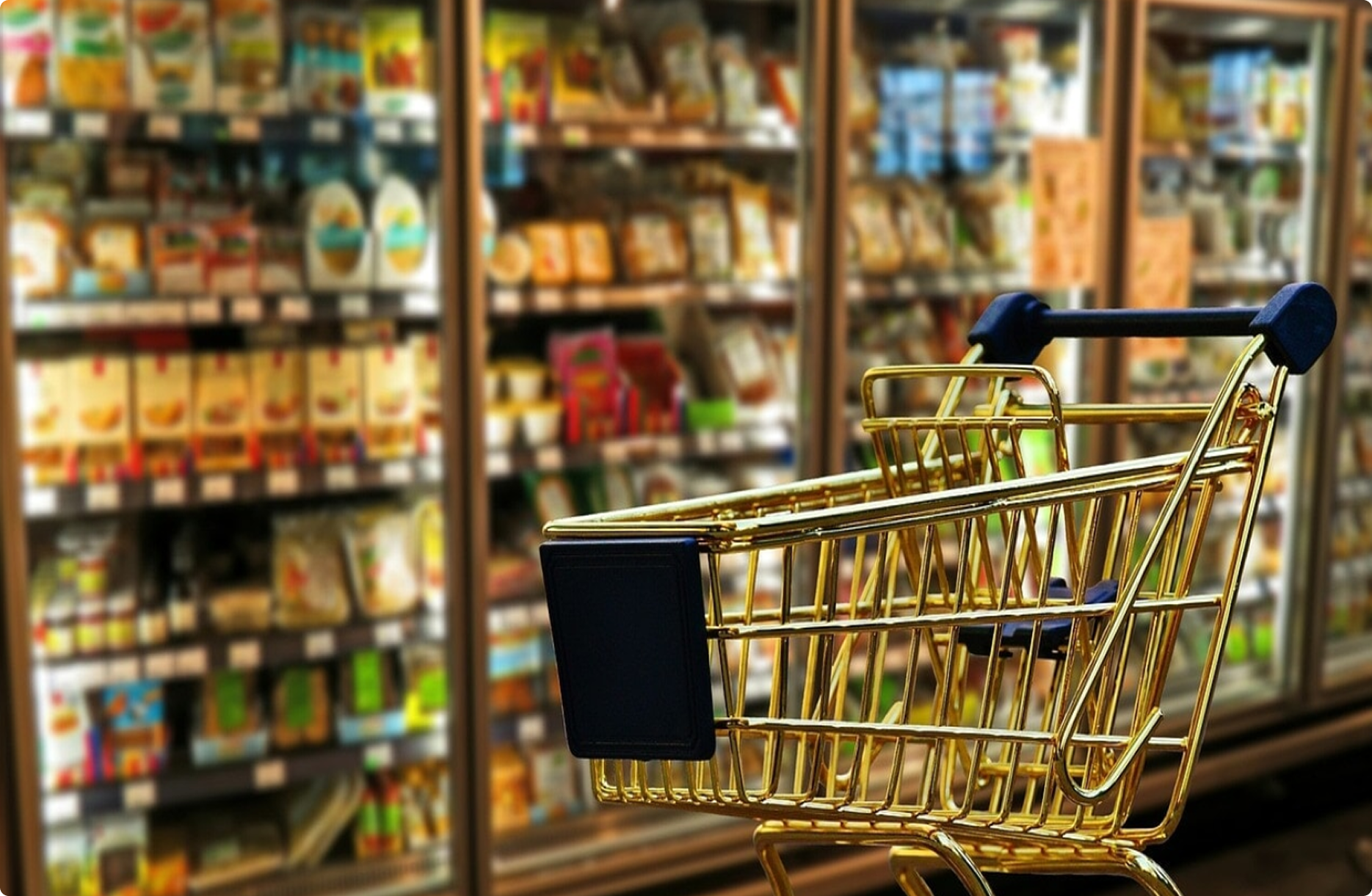 Carrello della spesa davanti ai banchi frigo di un supermercato