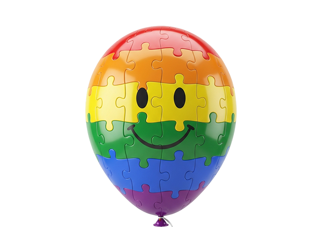 Palloncino arcobaleno composto da tessere di puzzle con un sorriso